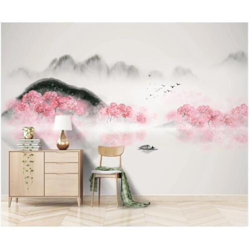 Custom photo 3d wallpaper Chinese ink landscape peach blossom living room home decor 3d wall room murals wallpaper landscape