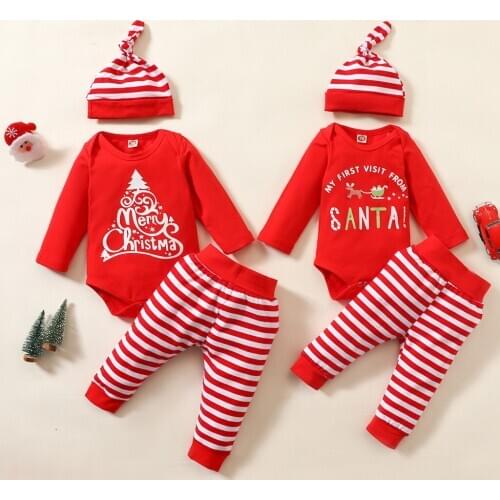 Newborn Infant Baby Girls Christmas Clothes Long Sleeve Romper Striped Print Top Pants Hat Xmas Outfits Set Newborn Clothes 3PC