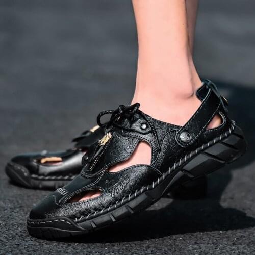 2021 Summer Fashion Breathable Mens Sandals Casual Beach Shoes High Quality Genuine Leather Sandalias Beach Outdoor Footwear