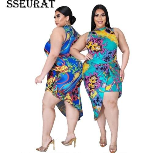 SSEURAT Women Plus Size Dress Sexy Print Sleeveless Bandage Hollow Out Asymmetrical Bodycon Dresses