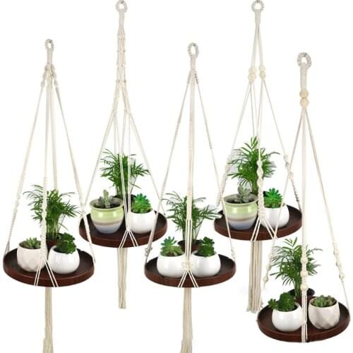 Macrame Plant Hangers with Plate Tray Tassels Wooden Beads Hanging Planter Shelf Boho Flower Pot Holder Stand Rack Home Decorati