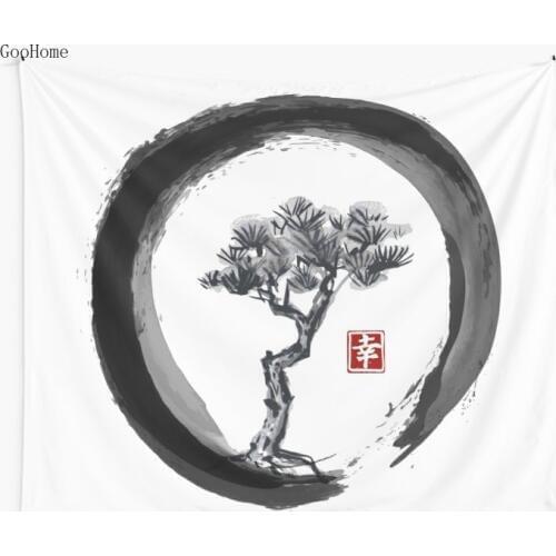 Japanese Pine Tree in Enso Zen Circle Japanese Ink Wall Tapestry Cover Beach Towel Throw Blanket Picnic Yoga Mat Home Decoration