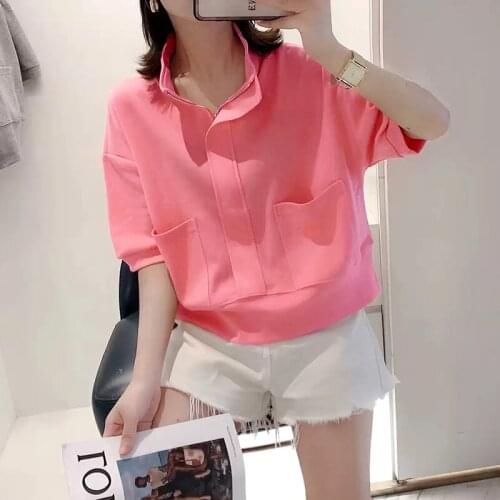 2021 spring and summer short T-shirt half zipper short sleeve small sweater casual thin coat collar Pullover female 0521