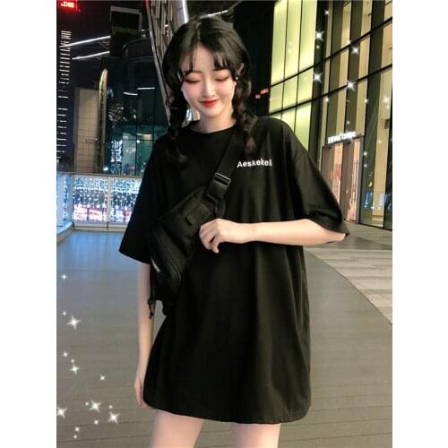 Korean Version of The New Harajuku Style Loose Mid-length Letter Printing Black Large Size Short-sleeved T-shirt Women