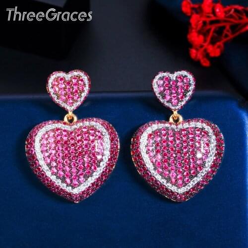 ThreeGraces Bling Rose Red Cubic Zirconia Paved Love Heart Shape Dangle Drop Earrings for Women Fashion Party Jewelry ER528