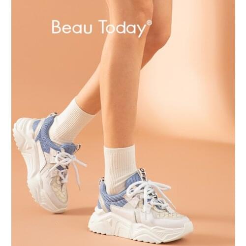 BeauToday Chunky Sneakers Women Cow Leather Round Toe Stitching Mixed Colors Platform Lace Up Ladies Flat Shoes Handmade 29354