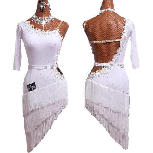 White Latin Dance Fringe Dress For Women/Ladies White Lace Single Sleeve Salsa Dress Competition Clothes Latin Dresses VDB165