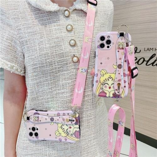12 pro max Case Cute Cartoon holder strand Crossbody strap Phone Bag Case for iphone 11 pro max Case XS MAX 7 8 Plus X XR SE2