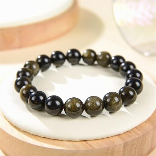 Black Obsidian Bracelet Buddhist Prayer Blessing Healing 8/10/12mm Round Beads Natural Stone Jewelry Couple Bangle 7.5inch Y959