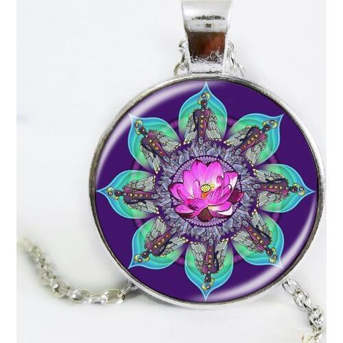 Hot Fashion Mandala Pendant silver color Chain Necklace For Women Handmade Art Picture Glass DomeJewelry