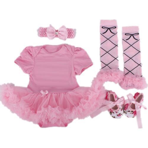 Pink Cartoon Baby Girl Clothes 4 in 1 Sets Newborn Lace Tutu Dress Bodysuit Leg Warmer Legging First Walker Headband Outfit 0-2Y