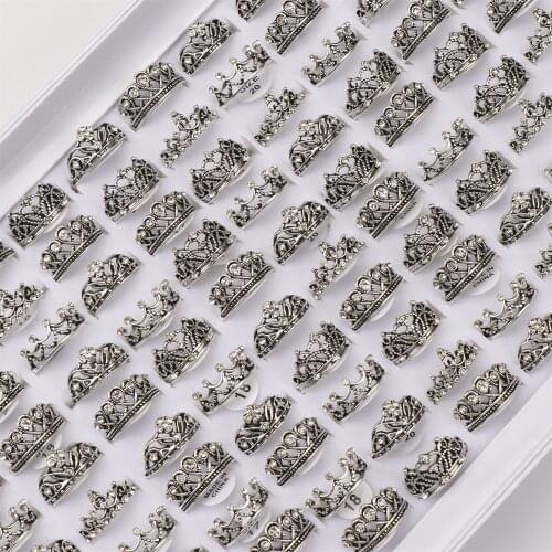 Fashion 20pcs/lot Vintage Antique Silver Color Crown Rings For Women Mix Style Wedding Party Jewelry Wholesale