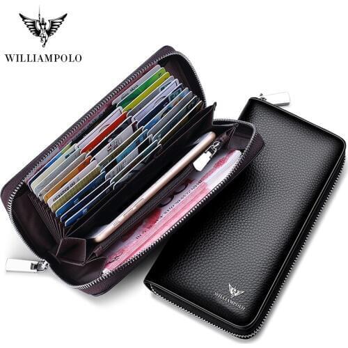 Mens Credit Card Holder Cow Leather Long Clutch Bags WILLIAMPOLO Phone Business Card Checkbook Organizer Wallet Fashion Zipper