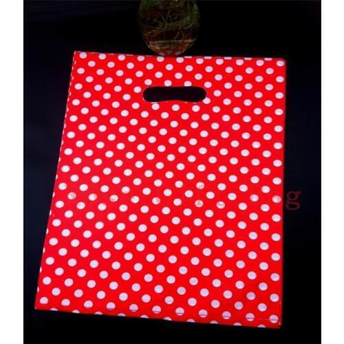 Wholesale 50pcs/lot 25X35cm Large Plastic Shopping Bags For Boutique Packaging White Round Dots Red Plastic Gift Bag With Handle