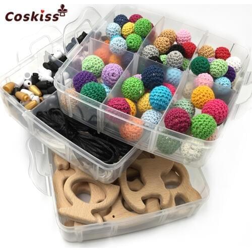 3 Boxed Organic Natural Beech Wooden Animal Mixed Colour Breakaway Safety Clasp Crochet Wooden Beads Baby Teether Toys Set