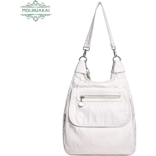 White Backpacks Fashion Soft Washed PU Leather Shoulder Bags Anti-thief Backpack Large Capacity School Bag for Teenager Girls