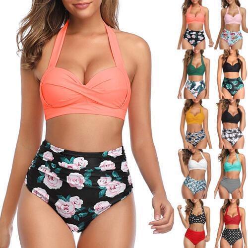 Sexy Swimsuit Women Swimsuit Sexy Bikini 2020 Vintage Swimsuit Two Piece Retro Halter Ruched High Waist Print Bikini Set #7