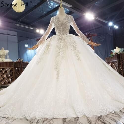 Serene Hill Ivory V-Neck High-end Sexy Wedding Dresses 2020 Long Sleeves Beading Diamond Bridal Gowns HX0311 Custom Made