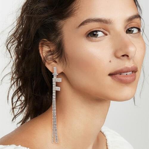 Fashion New Ladies Tassel Zircon Rhinestone Letter F Hanging Claw Chain Earrings Tassel Long Temperament Popular Earrings