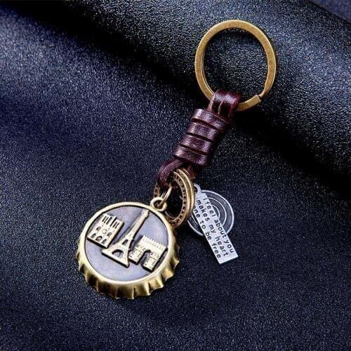 Alloy Vintage Antique Bronze Beer Lid Key Rings Braided Cowhide Keychain Pendant Punk Jewelry Gift For Friends 1PCS