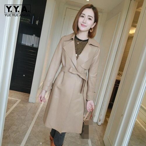 Top Quality Fashion Office Ladies Medium Length Genuine Leaher Jackets Luxury Sheepskin Slim Fit Belt Sashes Windbreaker Coats