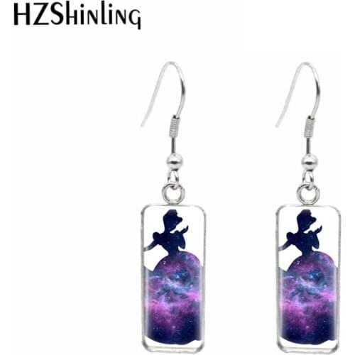 Disney Cinderella Cartoon Paintings Rectangle Hook Dangle Drop Earrings Glass Cabochon Ear Jewelry