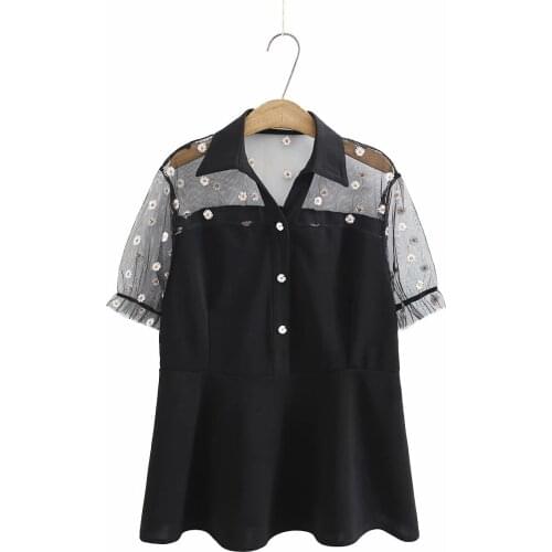Plus size lace patchwork turn-down collar flare sleeve women shirts 2021 summer casual ladies Embroidery black blouse female