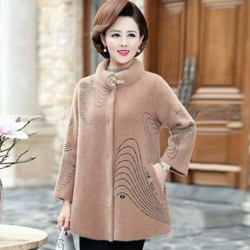 Plus Size Cardigan Middle-aged Women Coat Winter Korean Elegant Mother Wear Imitation Mink Velvet Stand Collar Jacket X290