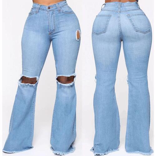 S-XXXL Ripped Jeans For Women High Waist Jeans Vintage Flare Jeans With Holes Tassels Bell Bottom Jean Denim Pants Trousers