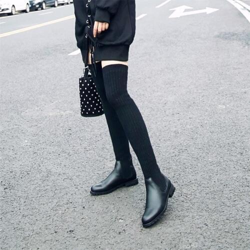 Fashion Women Over-The-Knee Elastic Boots Kid Suede Slip On Square Heels Waterproof Winter Ladies Motorcycle Shoes Size 34-40