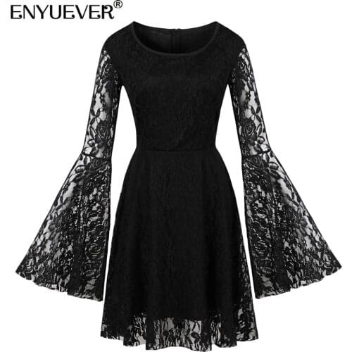 Enyuever Elegant Black Lace Dress Women Clothing Long Flare Sleeve Robe Pin Up Swing Red Formal Evening Party Dresses