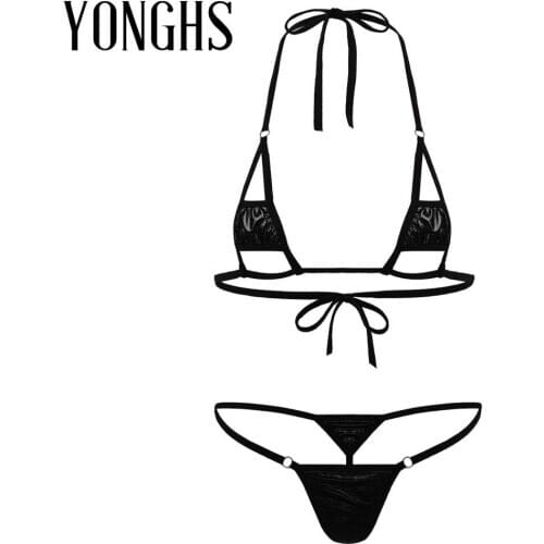 Womens Mini Bikini Erotic Lingerie Set for Sex Shiny Metallic Hollow Out Halter Neck Tie-on Bra Top with G-String Thong Briefs