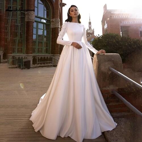 Lakshmigown Long Sleeves Satin Wedding Dresses Lace Appliques Simple Bridal Gown Muslim Elegant Wedding Gownvestido de novia