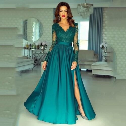 2021Sexy V Neck Formal Evening Dress Long Sleeve Prom Party Dress Side Split Longo Party Gown Custom Made vestidos de fiesta