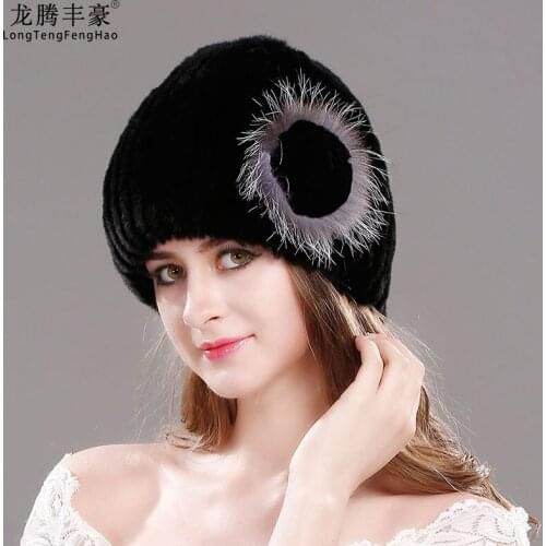 100% Genuine Fur Cap Knitted Hat Rex Rabbit Fur Hat Winter Lady Floral Cap Female Headgear Women Fur Beanies Hats Knitting Cap