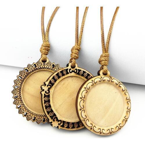 Jiangzimei 24pcs log color wood cabochon trays 25mm dia blank Pendant bezel with Wax Rope for Necklace making jewelry wholesale