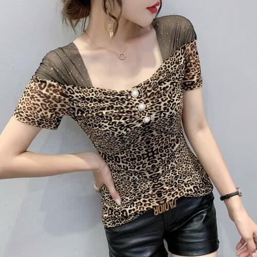 #6242 Summer Top Stretch Mesh T Shirt Women Spliced Gauze Square Collar Buttons Sexy Thin Basic T Shirt Female Short Sleeves