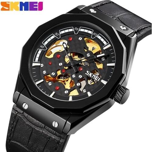 Creative Mechanical Watch Mens Automatic Watches Hollow Dial Waterproof Men Wristwatches Leather Strap Watch SKMEI reloj hombre