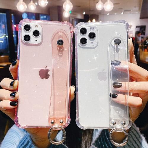 Glitter Powder Holder Phone Case For iPhone 12 11Pro XS XR X Max Transparent Soft TPU Wrist Strap Cover For iPhone 8 7 6 6s Plus