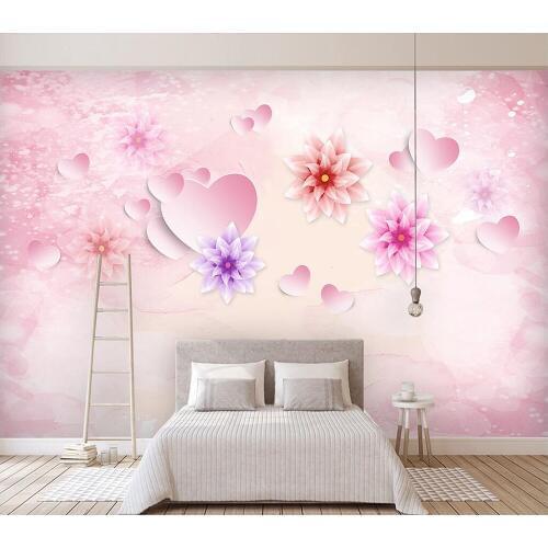 Decorative wallpaper Romantic flower pink heart wedding room background wall painting