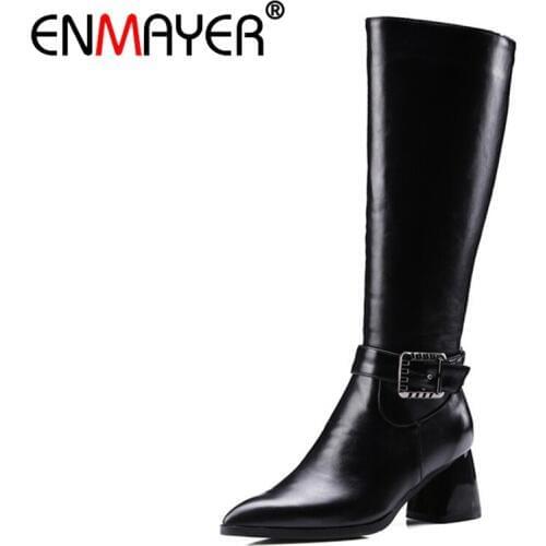 ENMAYER Buckle Knight Boots Women Black High Heels Pointed Toe Kneed High Boots Winter Ladies Shoes Woman Motorcycle Boots CR686