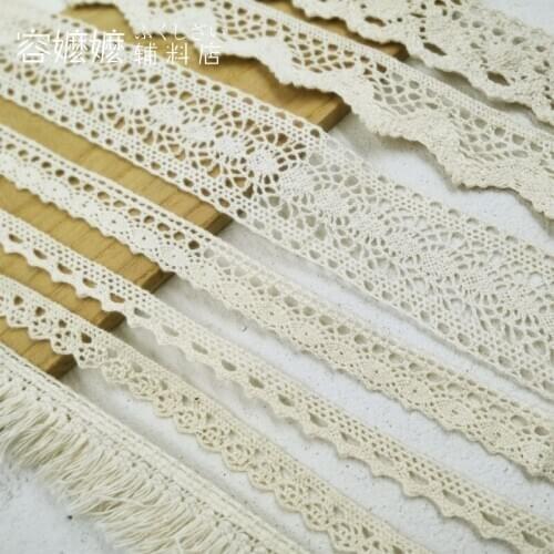 1m National Style Cotton Beige Lace Trims Handmade diy Accessories webbing Spike Weaving Hollow Tablecloth Tassel Trims LW0367
