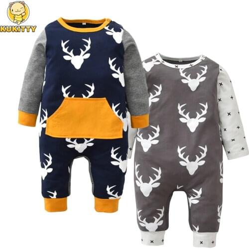 Newborn Infant Baby Boy Girl Deer Printing Patchwork Long Sleeve Romper One-pieces Toddler Clothes Xmas Outfits Christmas