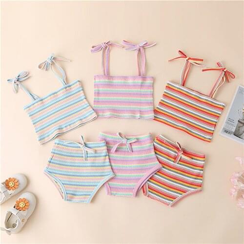 FOCUSNORM 0-18M Summer Baby Girls Boys Clothes Sets Rainbow Striped Strap Sleeveless Belt Vest Tops Shorts 3 Color