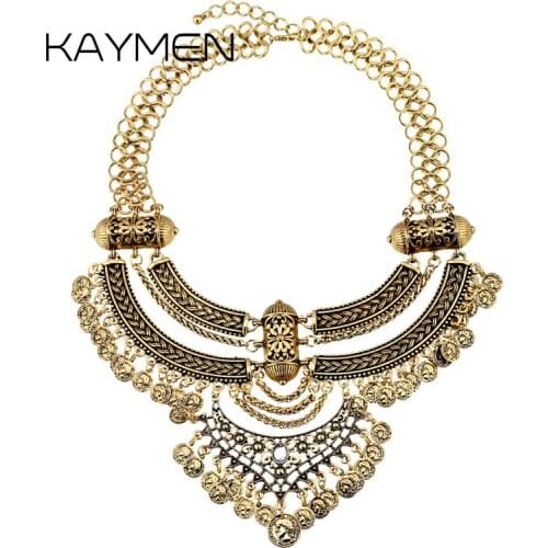 New arrival statement vintage necklace antique gold silver color zinc-alloy coins bohemian necklace for women bib bijou