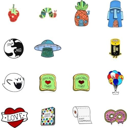 Cartoon Book Brooch Avocado Toast Bread Enamel Pins Skeleton battery Badges Fashion Jewelry for Friends Backpack Accessories