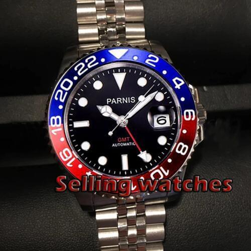 40mm PARNIS black dial bezel Sapphire glass date GMT automatic mens watch
