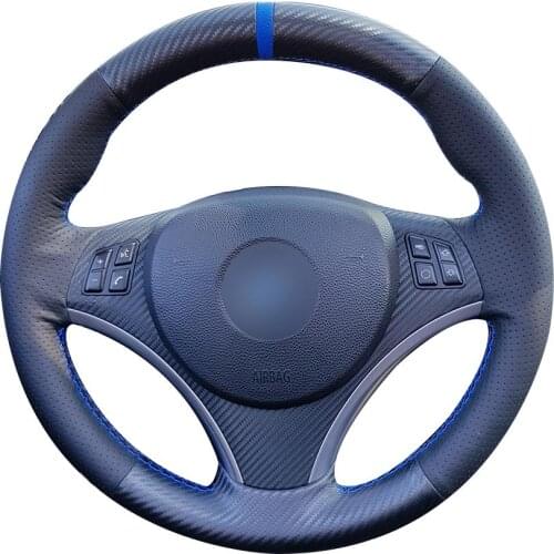 Non-slip Durable Black Leather Blue Marker Car Steering Wheel Cover For Bmw E90 320i 325i 330i 335i E87 120i 130i 120d