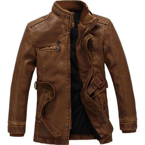 2019 New European American Winter Fashion Men Jackets Stand Collar Warm Parka Men PU Leather Biker Jackets Long Trench Coats