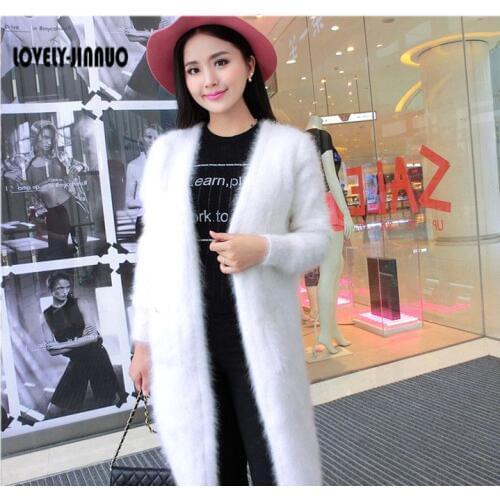 New womens plush pure mink cashmere cardigan girls long fashion sweater warm coat pocket bag free shipping JN271